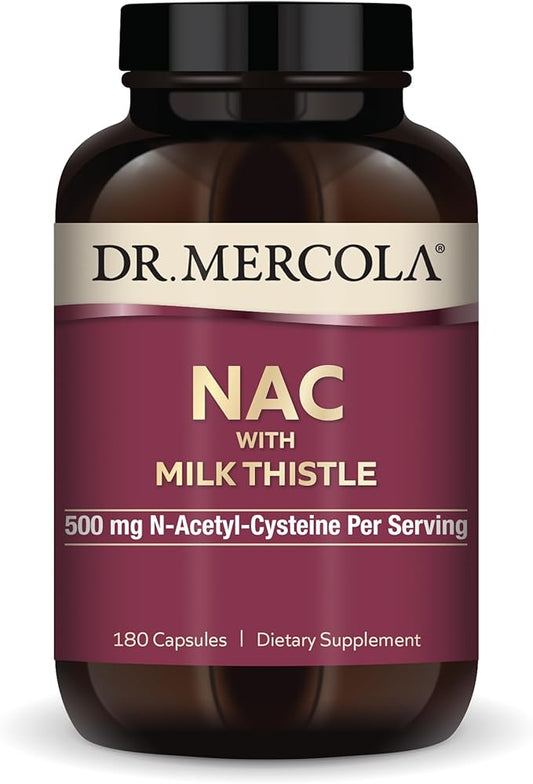 Dr. Mercola NAC with Milk Thistle, 90 Servings (180 Capsules), 500 mg N-Acetyl-Cysteine Per Serving, Dietary Supplement, Supports Normal Detoxification Processes, Non-GMO