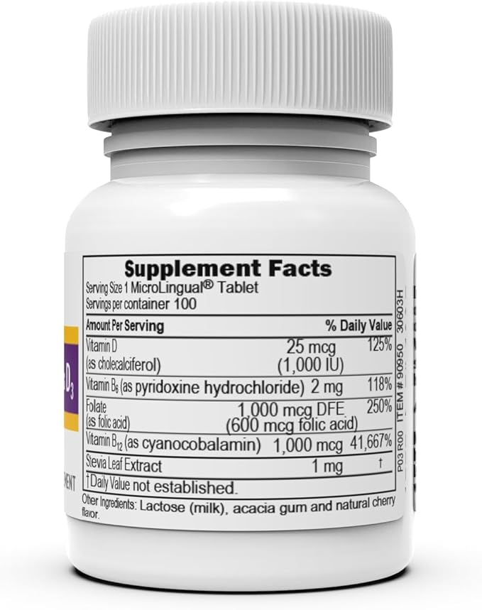 Superior Source No Shot Vitamin B-12 Cyanocobalamin 1000 mcg, B-6, Folic Acid & Vitamin D-3 1000 IU - Supports Energy, Brain, Heart, & Bone Health - 100 Sublingual Dissolving Tablets