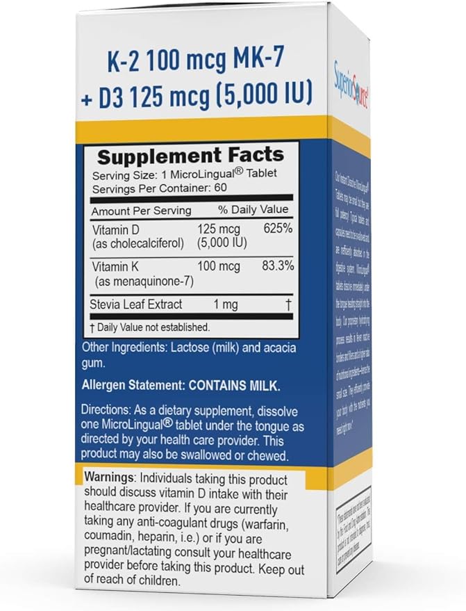 Superior Source Vitamin K-2 100 mcg with Vitamin D3 125 mcg - Bone Strength Support Supplement - Aids Healthy Joints - 60 Sublingual Dissolving Tablets