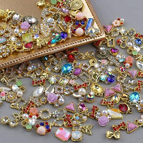 50pcs 3D Gold Nail Charms for Acrylic Nails Mix Styles Rhinestones for Nails Metal Nail Jewels for Nail Art Shiny Zircon Nail Rhinestones Alloy Nail Charm Pearl Nail Gems Cute Charms for Nails Design