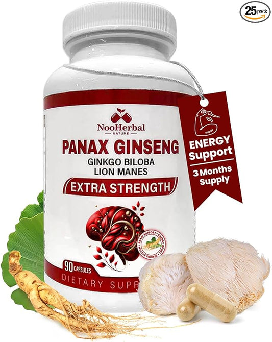 Panax Ginseng 500mg + Ginkgo Biloba + Lions Mane, 90 Vegan Capsules | Extra Strength Ginsenosides for Energy, Mental Focus, Immune Support | Brain Supplement | Non-GMO & Gluten Free Herbal Supplement