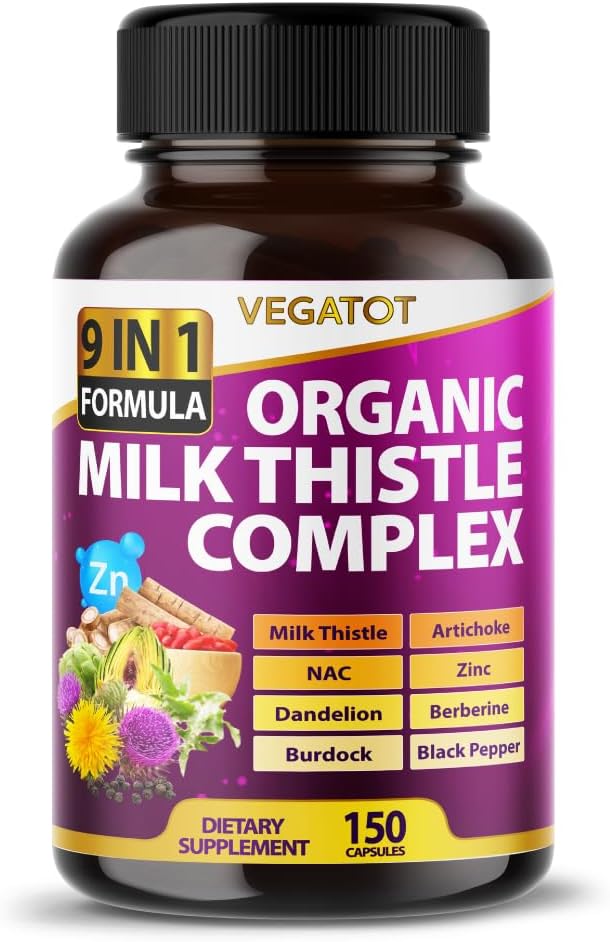 VEGATOT Organic Milk Thistle Complex 9 in 1 Formula - with Milk Thistle Artichoke NAC Zinc Dandelion Berberine Burdock Black Pepper (150 Count (Pack of 1))
