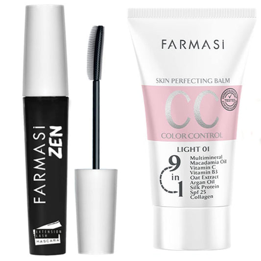 FARMASi Makeup CC Cream 1,7 Fl Oz (Light), Pure, Natural and Flawless Finish, Medium to Full Coverage, All-Day Hold, All Skin Types, Zen Mascara Extension Lash 0.27 fl.oz