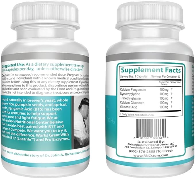 Supplements B15 Complete Extra Strength, Pangamic Acid, with TMG, DMG 500mg 90 VCapsules Supports Healthy Oxygen Energy Levels Vitamins