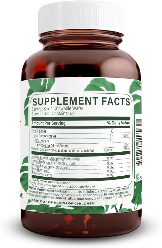Natural Nutra Vitamin C Supplement for Kids and Adults, Immune Booster, Helps Supports Bone Health, Protect Skin and Heart Health, Improve Skin Texture, Vegetable Source, 500 mg, 50 Vegan Wafers