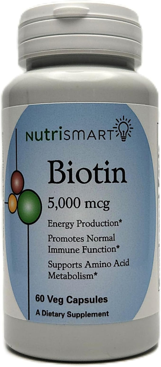 Biotin 5000 mcg Vitamin Supplement Hair Skin & Nail Strengthening to Aid Stress Relief Metabolism Carbohydrate Energy & Nervous System Support 60 Veg Capsules GMO Free