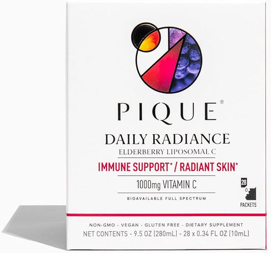 PIQUE Daily Radiance Liposomal Vitamin C for Immune Support - 1,000 mg Vitamin C & 1,900 mg Elderberry per Packet, Powerful Antioxidants for Healthy Collagen Production - 28 Packets (10mL Each)