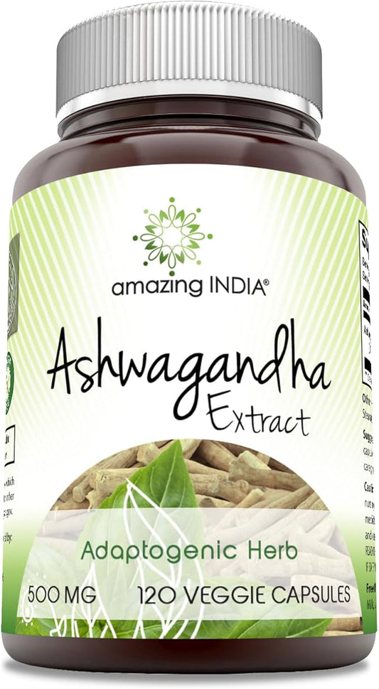 Amazing India Ashwagandha 500 mg Veggie Capsules Supplement | Made with Natural Ashwagandha | Non-GMO | Gluten Free (120 Count)