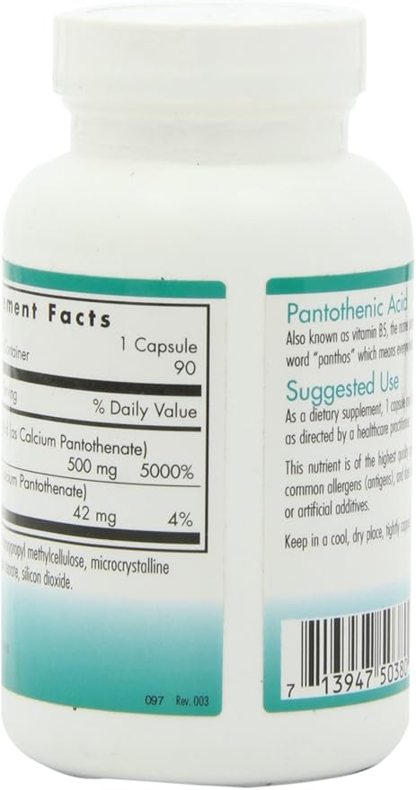 Nutricology Pantothenic Acid - Vitamin B5 for Men & Women, Calcium, 500mg Supplement, Pure, Organic, Vegetarian Capsules - 90 Count