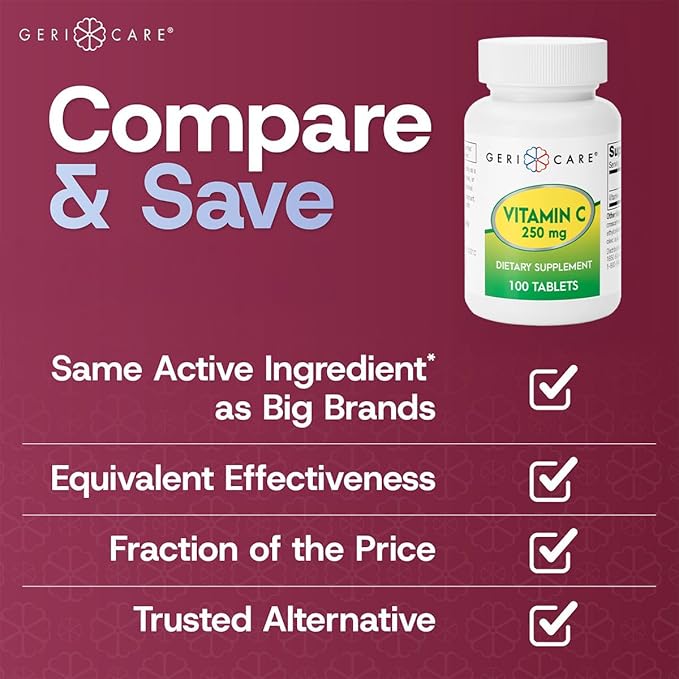 GeriCare Vitamin C 250mg, Immune Support, Antioxidant Protection, Collagen Boost & Iron Absorption for Overall Health, Nutritional Supplement, 100 Count (Pack of 1)