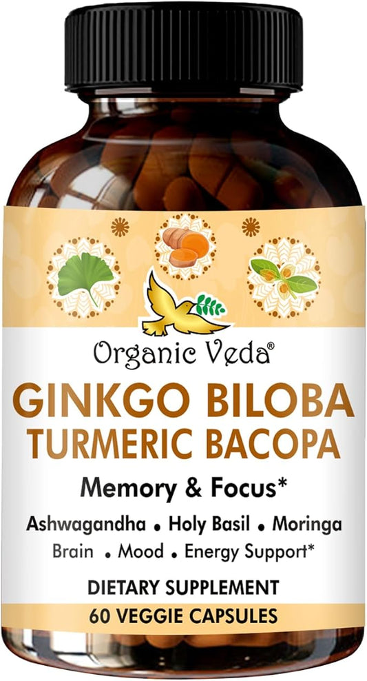 Organic Veda Ginkgo Biloba Turmeric Bacopa Brain Supplement for Memory, Mood & Focus with Ashwagandha - Concentration, Energy & Brain Booster, Healthy Joints & Circulation Support - 60 Vegan Capsule