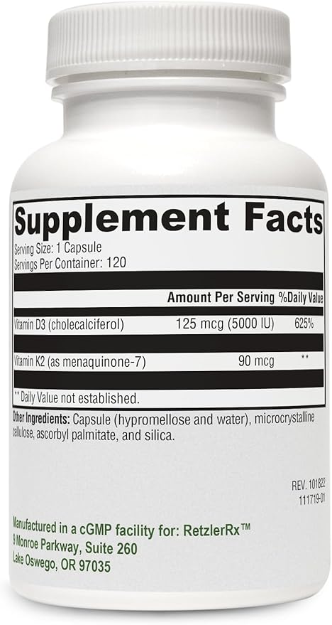 RetzlerRx® - Vitamin K2 Plus D3 5000 - Bioavailable Vitamin D 5000 IU (Cholecalciferol) with Vitamin K2 MK-7 - Heart, Arterial, Bone Health + Immune Support Supplement (120 Capsules) (120)