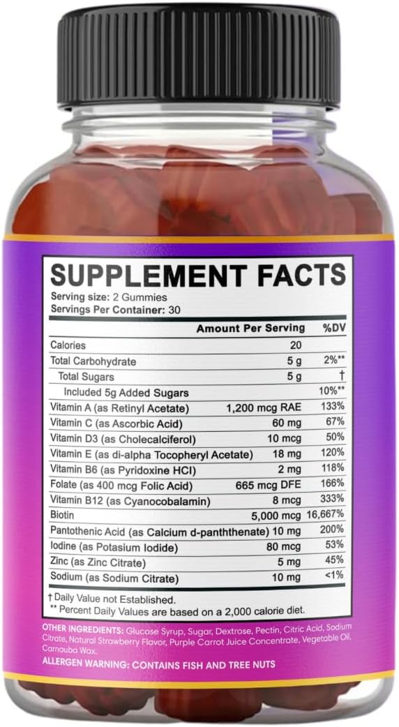Blaq Luxury Biotin Gummies - Hair Growth Vitamins with 5000mcg Biotin per Serving | Vitamins B12, B6, Folic Acid, Iodine, Zinc | Hair Supplement for Hair Growth | for Women & Men | 1 Month Supply