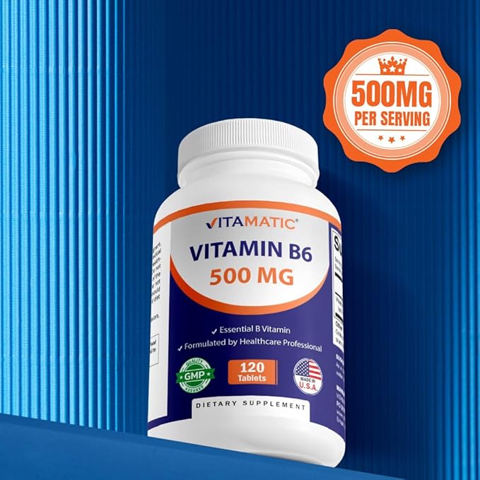 Vitamatic Vitamin B6 (Pyridoxine HCI), 500 mg – 120 Vegetarian Tablets Promotes Energy Production, Boosts Metabolism & Immune Health Support