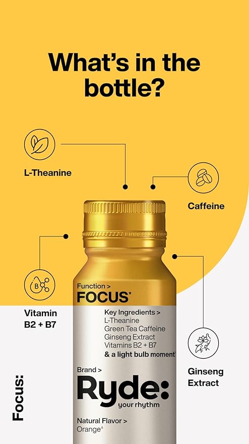 Ryde: Focus Shot | Orange Flavor | L-Theanine & Ginseng | Green Tea Caffeine | Vitamins B2 & B7 | 0 Calories, 0 Sugar | 2 FL OZ Shots | Supports Focus* (24 Pack)