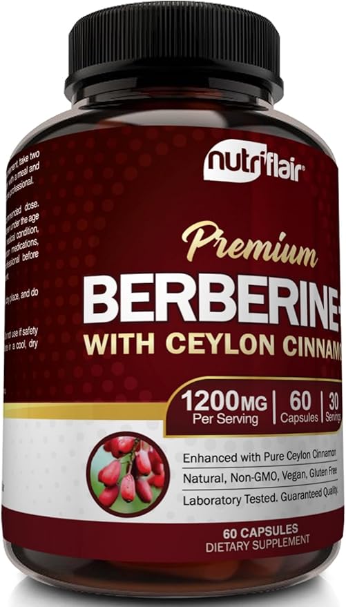 NutriFlair Premium Berberine HCL 1200mg, 60 Capsules - Plus Pure True Ceylon Cinnamon, Berberine HCI Root Supplements Pills - Immune System - yields an Optimal 8% Berberine