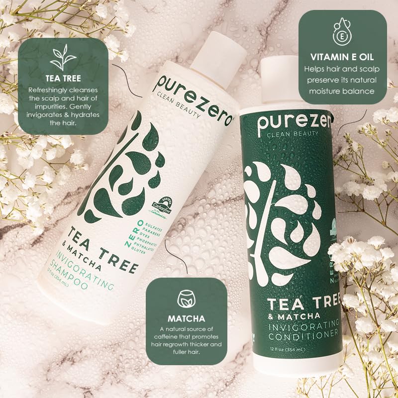 Purezero Tea Tree & Matcha Shampoo and Conditioner Set - Nourishing & Invigorating Scalp Treatment - Zero Sulfates, Parabens, Dyes Vegan and Cruely Free (12 Fl Oz (Pack of 2))