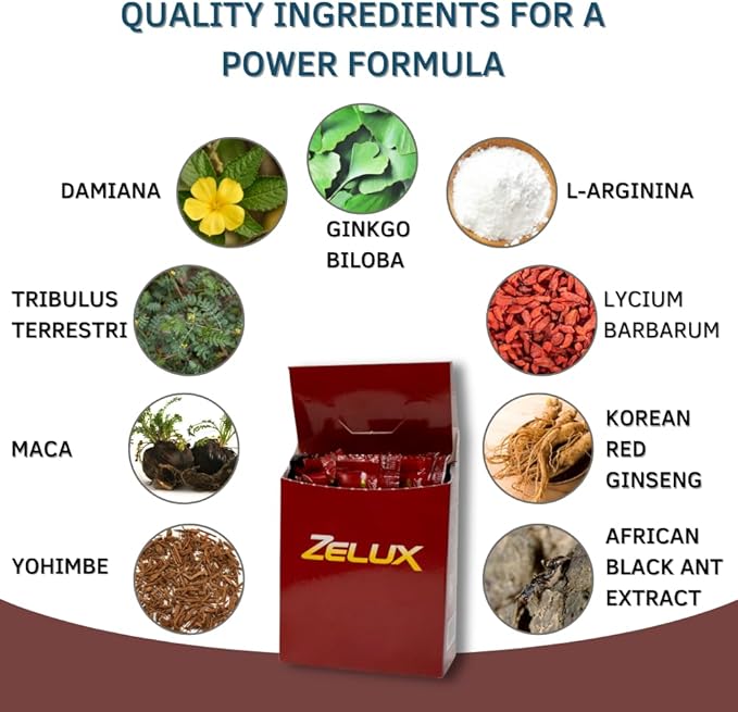 Zelux Supplement Box 8 Sachets - Booster for Vitality & Performance - Natural Stamina - Energy Support - Natural Ingredients Damiana, Tribulus Terrestri, Ginkgo Biloba, Maca, Korean Red Gingseng
