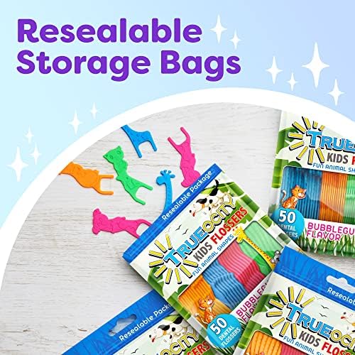 Kids Flossers 4 Pack (200 Total), Kids Floss Picks, Flossers Kids, Floss for Kids, Cute Animal Shapes, Glides Easy Between Teeth, Flosser Helps Prevent Tooth Decay & Gum Disease, Bubble Gum Flavored