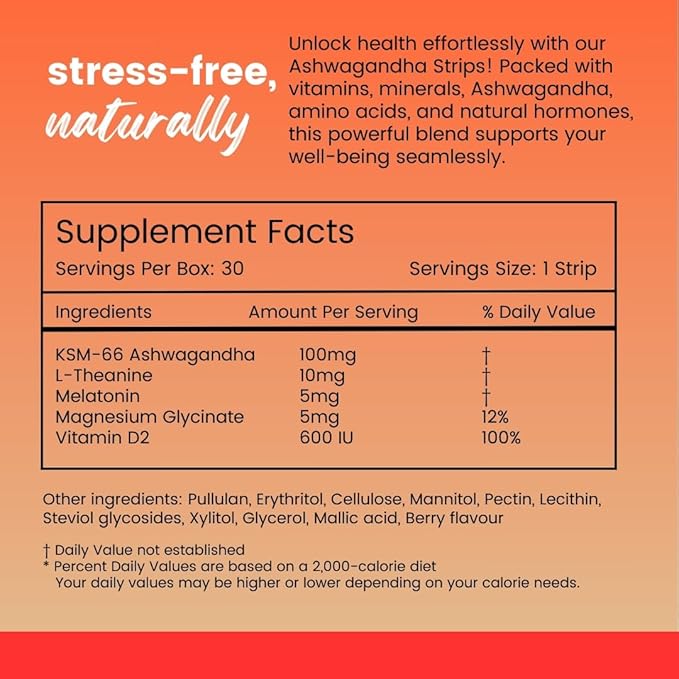 Ashwagandha Oral Strips 100 mg KSM 66 Ashwagandha, L-Theanine, Melatonin, Vitamin D2 and Magnesium, Vegan Strips for Men and Women, Sugar-Free, Non-GMO, 30 Oral Strips (Berry)