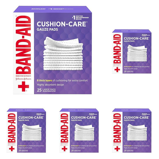 Band-Aid Brand Absorbent Cushion Care Sterile Square Gauze Pads for First Aid Protection of Minor Cuts, Scrapes & Burns, Non-Adhesive, Wound Care Dressing Pads, Large, 4 in x 4 in, 25 ct (Pack of 5)