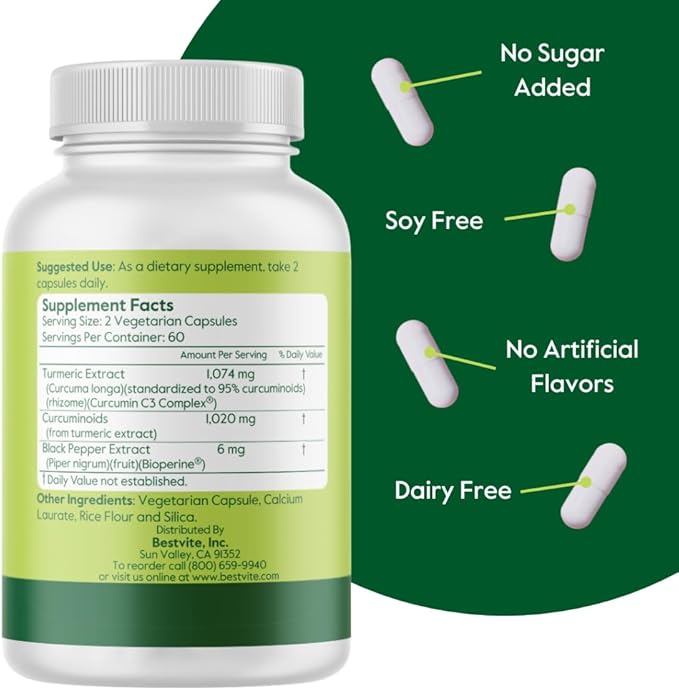 BESTVITE Curcumin 510mg (Turmeric)(240 Vegetarian Capsules) (120 x 2) with Curcumin C3 Complex & Bioperine - Standardized to 95% Curcuminoids - No Stearates - Vegan - Non GMO - Gluten Free