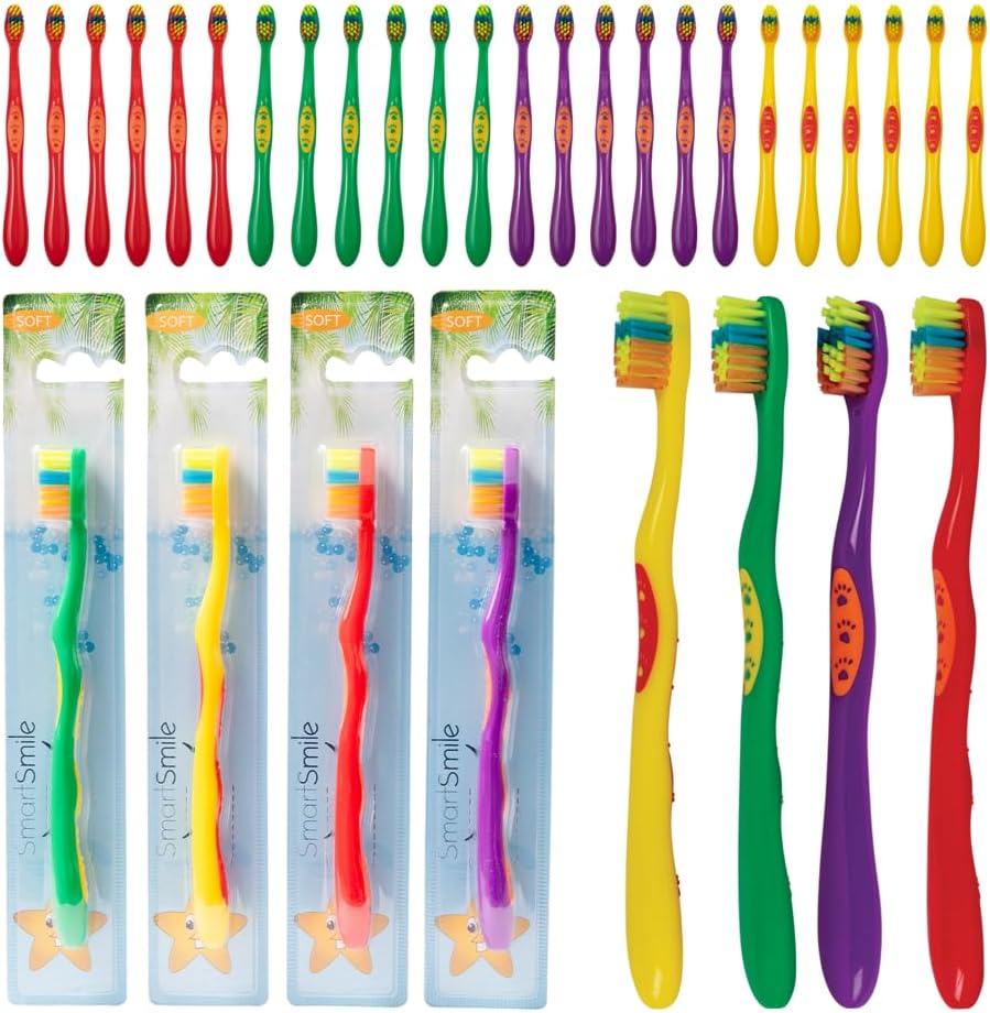 SmartSmile 72 Pcs Bulk Kids Toothbrushes Individually Wrapped - Assorted Colors with Animal Paw Prints - Popular Dental Office Patient 21-542