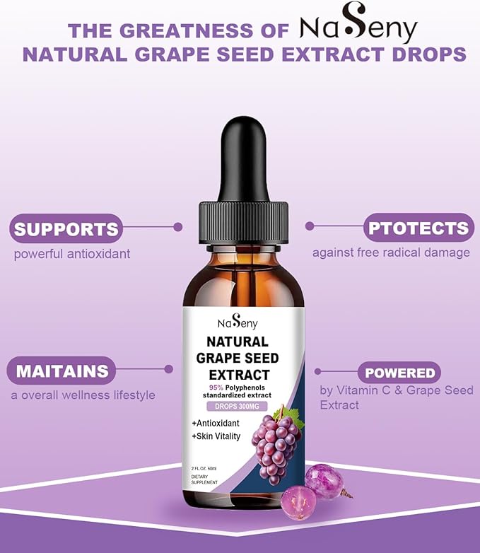 Natural Grape Seed Extract Drops-300 mg Grape Seed Extract Liquid Supplement - Maximum Strength Vitis Vinifera Seed Tincture, Standardized to 95% Polyphenols, Non-GMO, Gluten Free (60ml)