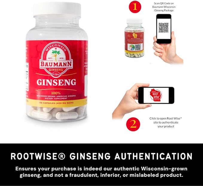 Baumann Wisconsin Ginseng Capsules 130 Pills 400 mg – Pure American Ginseng Root Extract Powder in Each Pill - 100% Natural Panax Ginseng Supplement for Immune Support, Focus and Energy