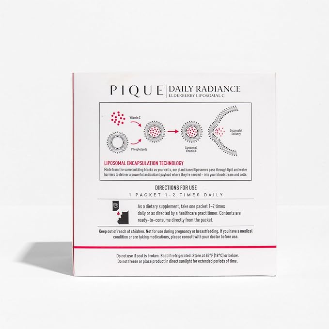 PIQUE Daily Radiance Liposomal Vitamin C for Immune Support - 1,000 mg Vitamin C & 1,900 mg Elderberry per Packet, Powerful Antioxidants for Healthy Collagen Production - 28 Packets (10mL Each)