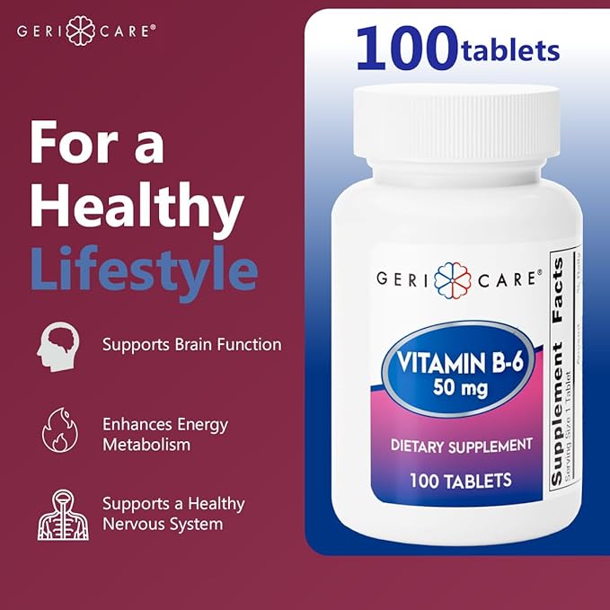GeriCare Vitamin B-6 50mg Daily Nutritional Support for Healthy Brain Function, Helps Metabolism, Energy and Nervous System Health, 100 Count (Pack of 1)