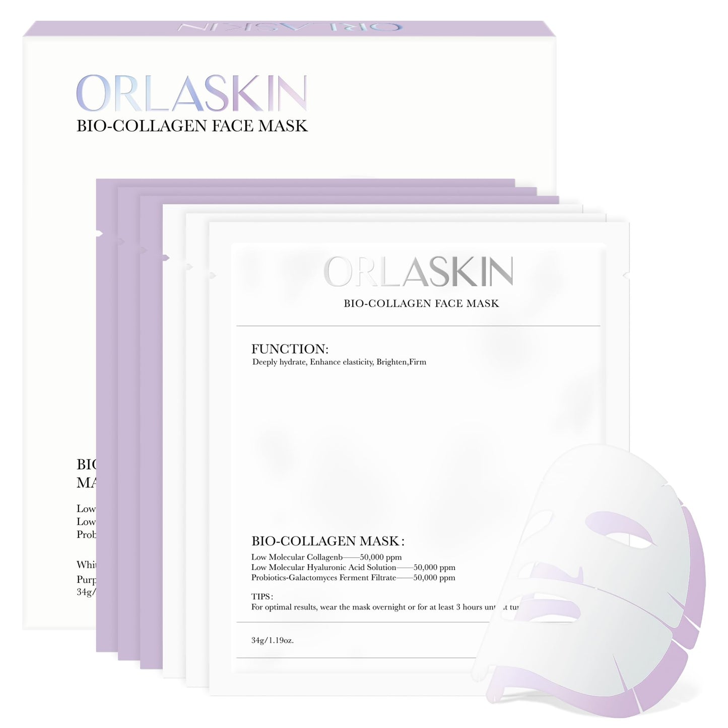 Deep Bio-Collagen Real Mask 34g*6ea, Facial Hydrogel Masks with Low Molecular Weight Collagen, Hydrating Overnight Mask for Moisturizing, Pore Minimizing, Firming, Elasticity, Wrinkle, Easily Absorbed