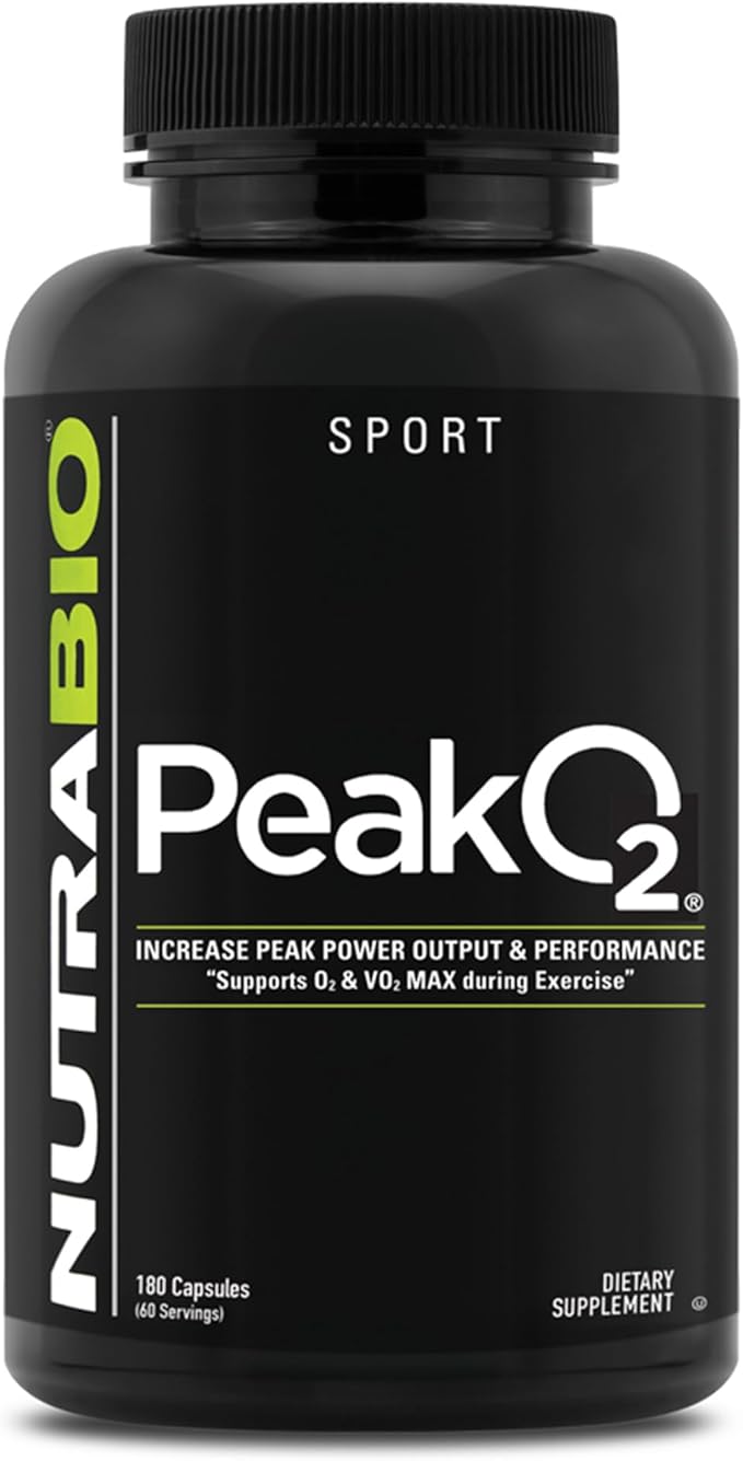 NutraBio PeakO2 Workout Supplement, 180 Capsules - Mushroom Blend Supplement to Help Enhance Athletic Performance and Overall Health, 60 Servings