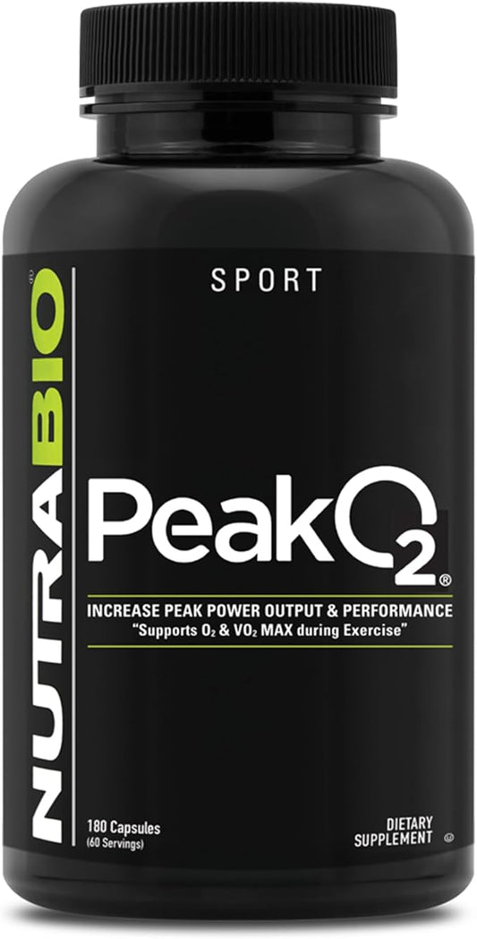 NutraBio PeakO2 Workout Supplement, 180 Capsules - Mushroom Blend Supplement to Help Enhance Athletic Performance and Overall Health, 60 Servings
