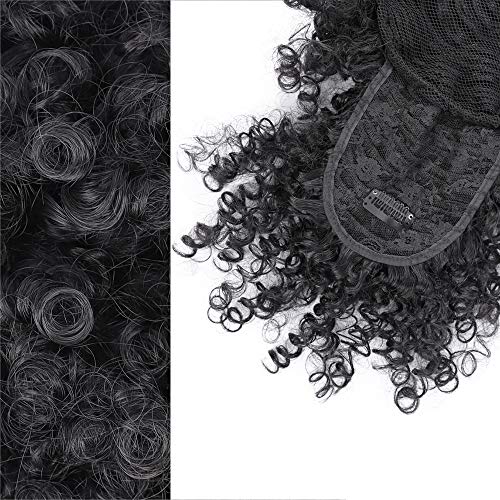 ENTRANCED STYLES Drawstring Ponytail with Bangs Afro Puff Ponytail Extensions for Women Short Curly Puff Ponytail with Bangs Clip in Wrap Updo Hairpiece for Women(1B)