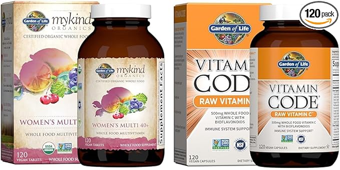 Garden of Life Organics Vitamins for Women 40 Plus - 120 Tablets &, Raw Vitamin Code Vitamin C, 120 Veg Capsules