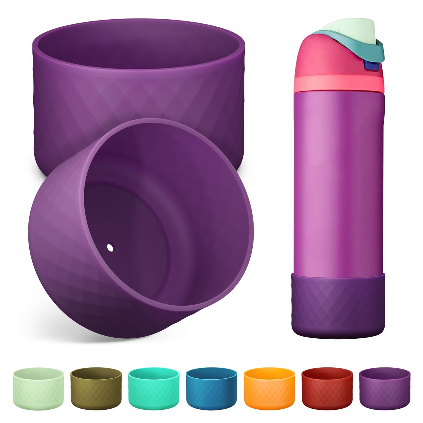 Alwenid 2PCS Silicone Water Bottle Boot for Owala 24 Oz, Anti-Slip Protective Sleeve Bottom Bumper Protector for FreeSip, Twist, and Flip Stainless Steel Water Bottles (Dark Purple)