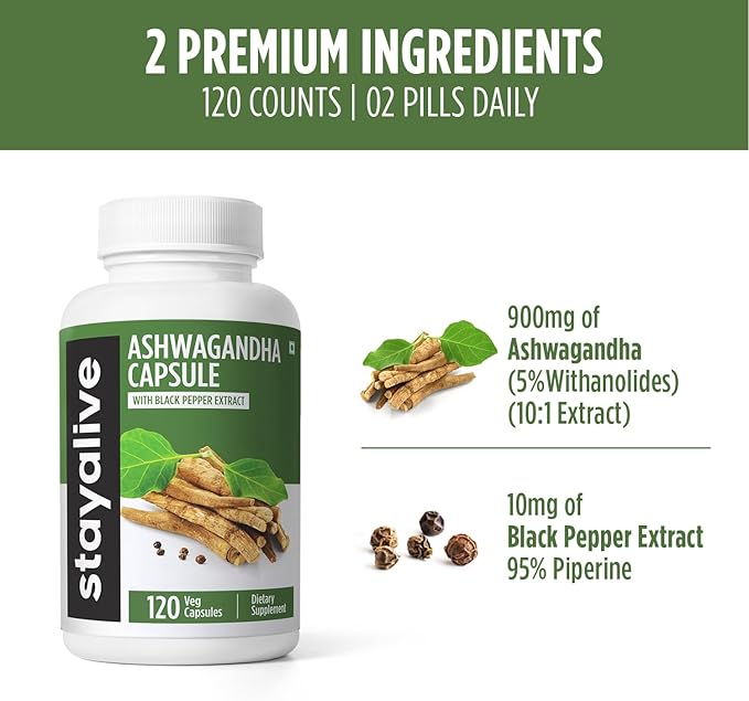 STAY ALIVE Ashwagandha with Black Pepper, 10:1 Extract, 120 Pills, 100% Pure Root Powder, Extra Strength Capsules, Non-GMO & Gluten Free Ashwagandha Supplements for Women and Men
