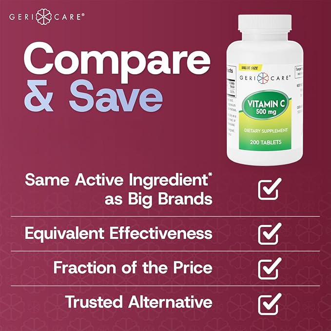 GeriCare Vitamin C 500 mg Antioxidant, Immune System Support, Nutritional Supplement Tablets, 200 Count (Pack of 1)