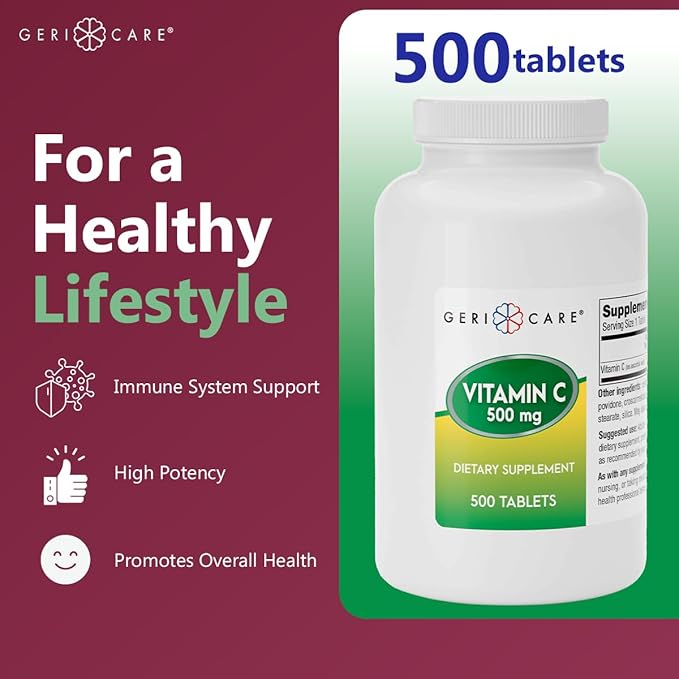 GeriCare Vitamin C 500 mg Antioxidant, Immune System Support, Nutritional Supplement Tablets, 500 Count (Pack of 1)