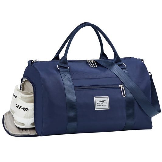 FIORETTO Womens Gym Tote Duffle Bag with Wet Pocket & Shoe Compartment, Sports Duffel Overnight Weekender Hospital Workout Carry on Bag for Girls, Ideal for Travel, Swimming, Dance, Ballet Navy Blue