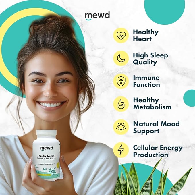 MEWD Adult Daily Multivitamin Gummy which Includes L-Theanine, Iron, Essential Vitamins, Vegan, Gluten Free, 60 Count