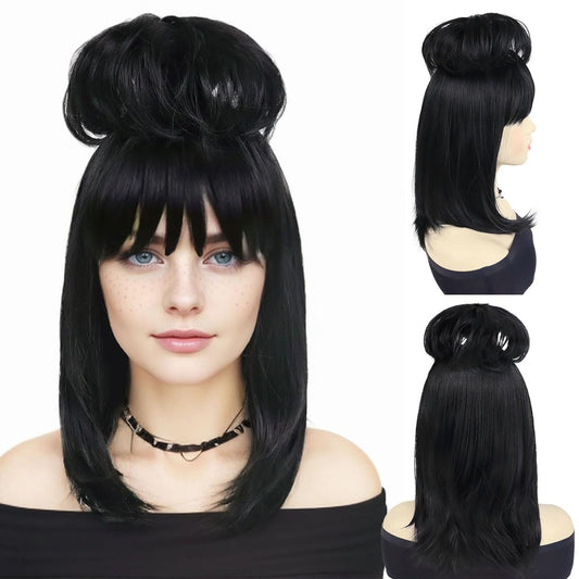 GNIMEMGIL Long Black Cosplay Wig With Bun,Synthetic Hair Bride Wigs for Costumes,Halloween Costume Wigs for Women