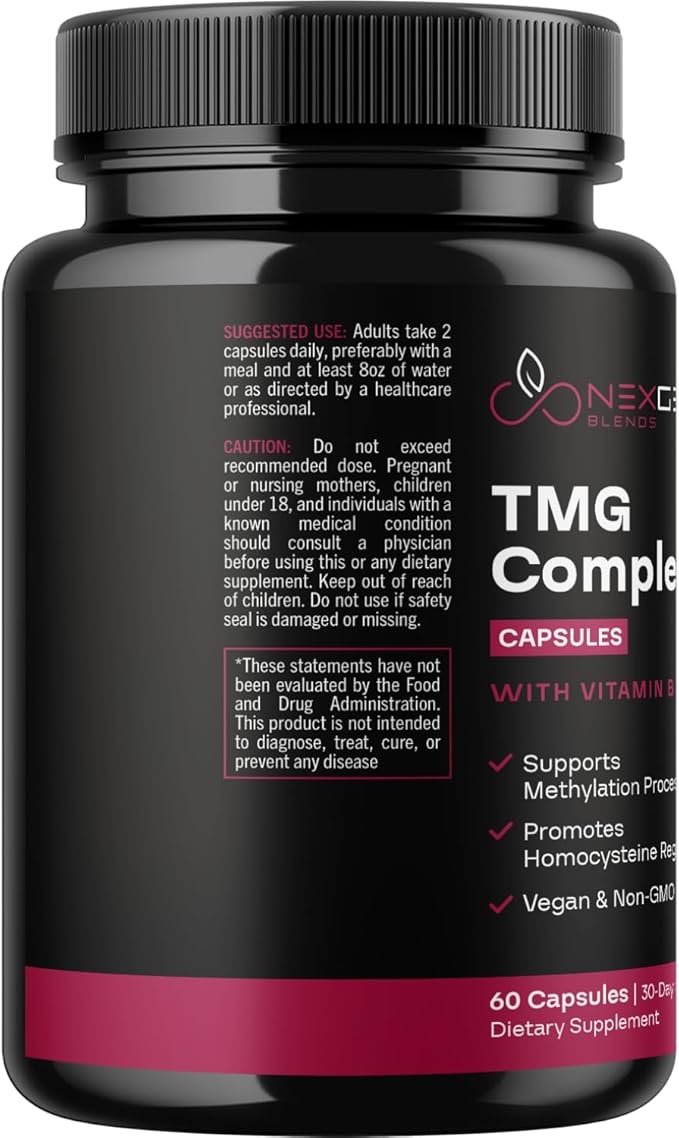 TMG Trimethylglycine Supplement with Methyl B Complex - 500mg Betaine TMG Supplement with Methylated Vitamin B Co Factors for Homocysteine Heart & Liver Support - Vegan & Non-GMO (1 Month Supply)