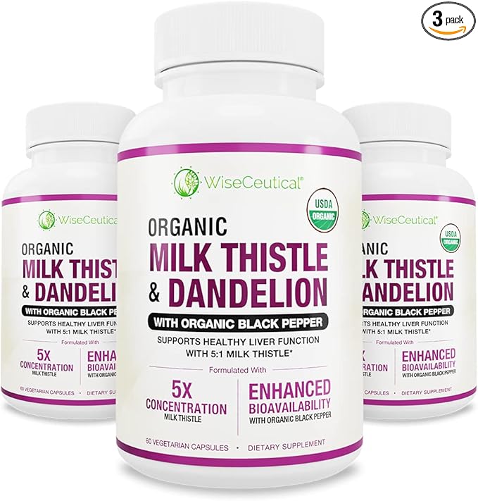 Max Absorption USDA Organic Milk Thistle Potent 5:1 Concentrated Extract (2000mg Strength) & Organic Dandelion Root | Silymarin Antioxidant Flavonoid | Liver Support Supplement (60 Count (Pack of 3))