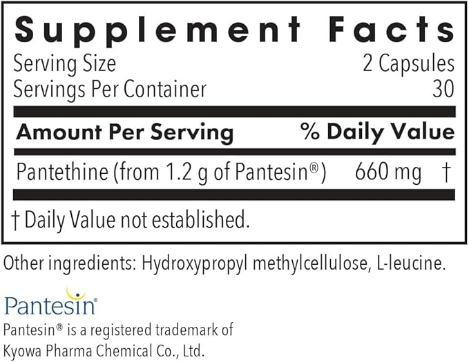 Allergy Research Group Pantethine Supplement - Vitamin B5, Pantothenic Acid, Metabolism Support, Liver Support, Cardiovascular Supplement, Coenzyme A, 660mg Vegetarian Capsules - 60 Count