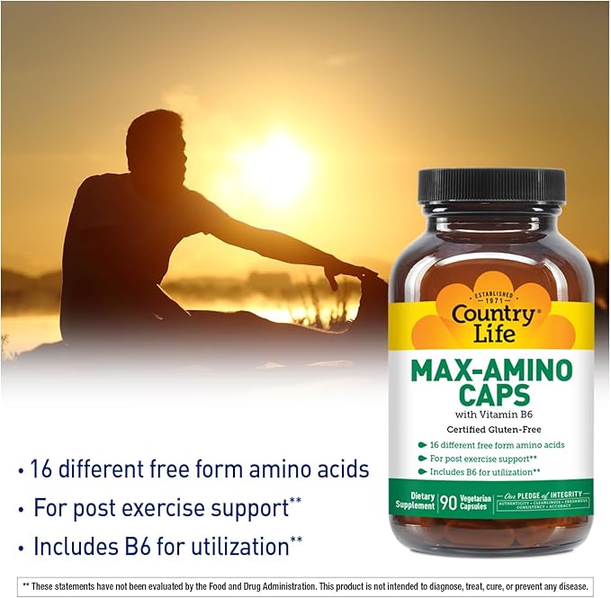 Country Life Maxi-Amino with 16 Free Form Amino Acids, 90 Vegetarian Capsules, Certified Gluten Free, Certified Vegetarian