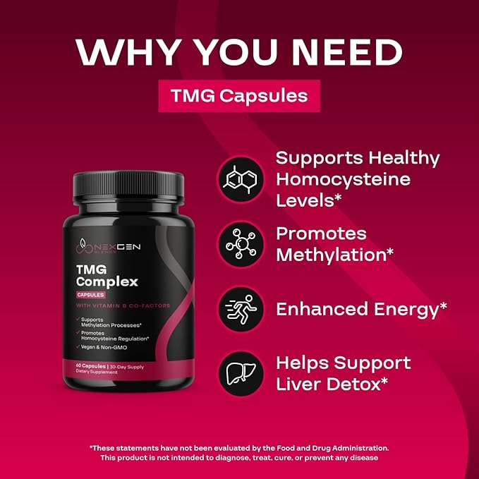 TMG Trimethylglycine Supplement with Methyl B Complex - 500mg Betaine TMG Supplement with Methylated Vitamin B Co Factors for Homocysteine Heart & Liver Support - Vegan & Non-GMO (1 Month Supply)