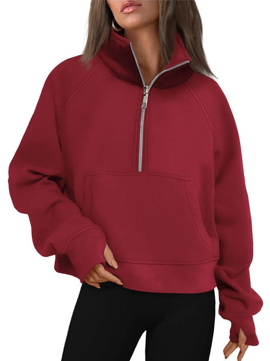 AUTOMET Womens Sweatshirts Half Zip Cropped Pullover Fleece Quarter Zipper Hoodies 2024 Fall Fashion Outfits Clothes Thumb Hole Red