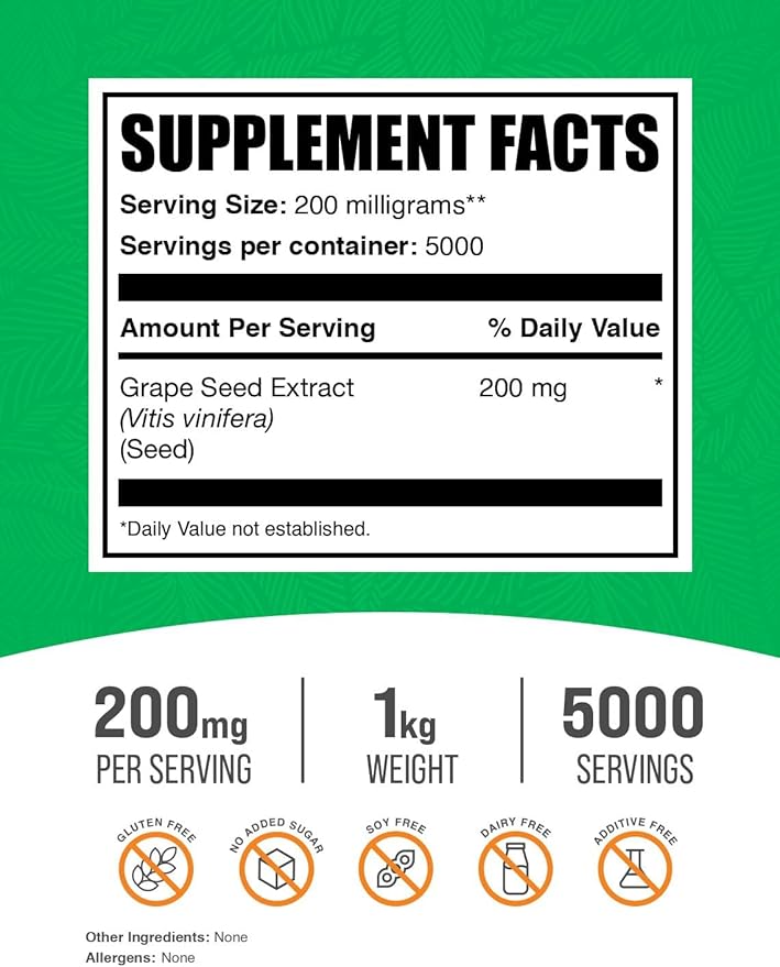 BulkSupplements.com Grape Seed Extract Powder - Grape Seed Extract Supplement, Antioxidant Source - Herbal Supplement, Gluten Free, 200mg per Serving, 1kg (2.2 lbs) (Pack of 1)